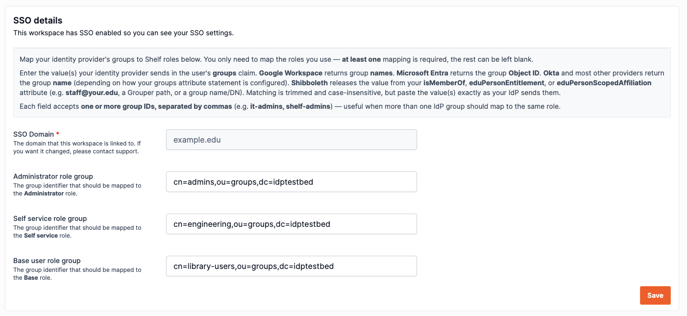 Shelf workspace SSO settings — mapping Shibboleth groups to Administrator, Self service, and Base roles